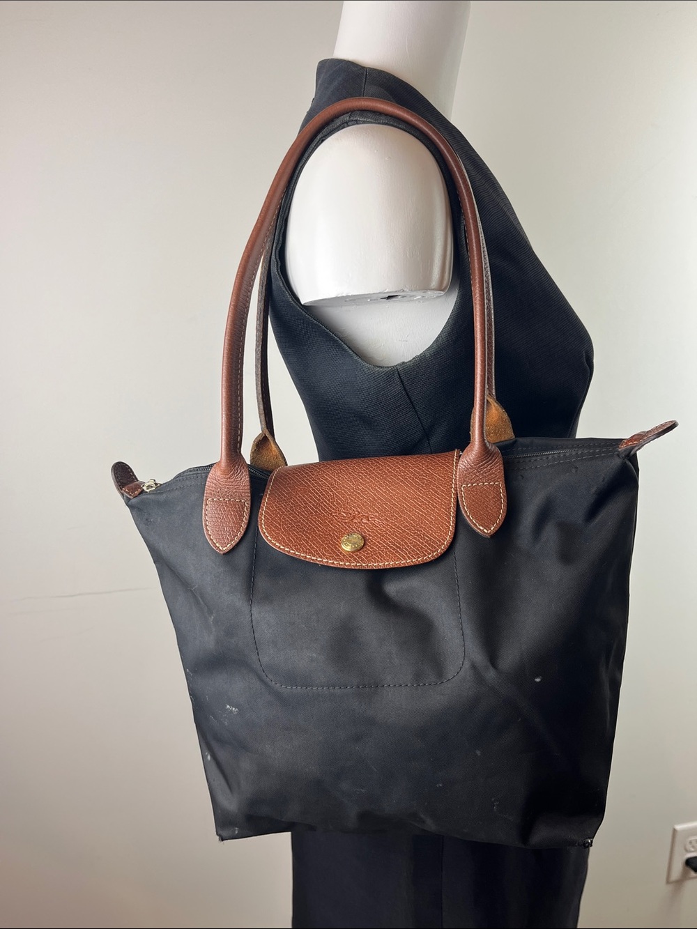 Longchamp Black Nylon Tote with Brown Leather Trim